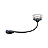 Round LED recessed light with stainless steel trim and black cable for outdoor lighting