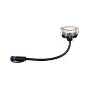 Round LED recessed light with stainless steel trim and black cable for outdoor lighting