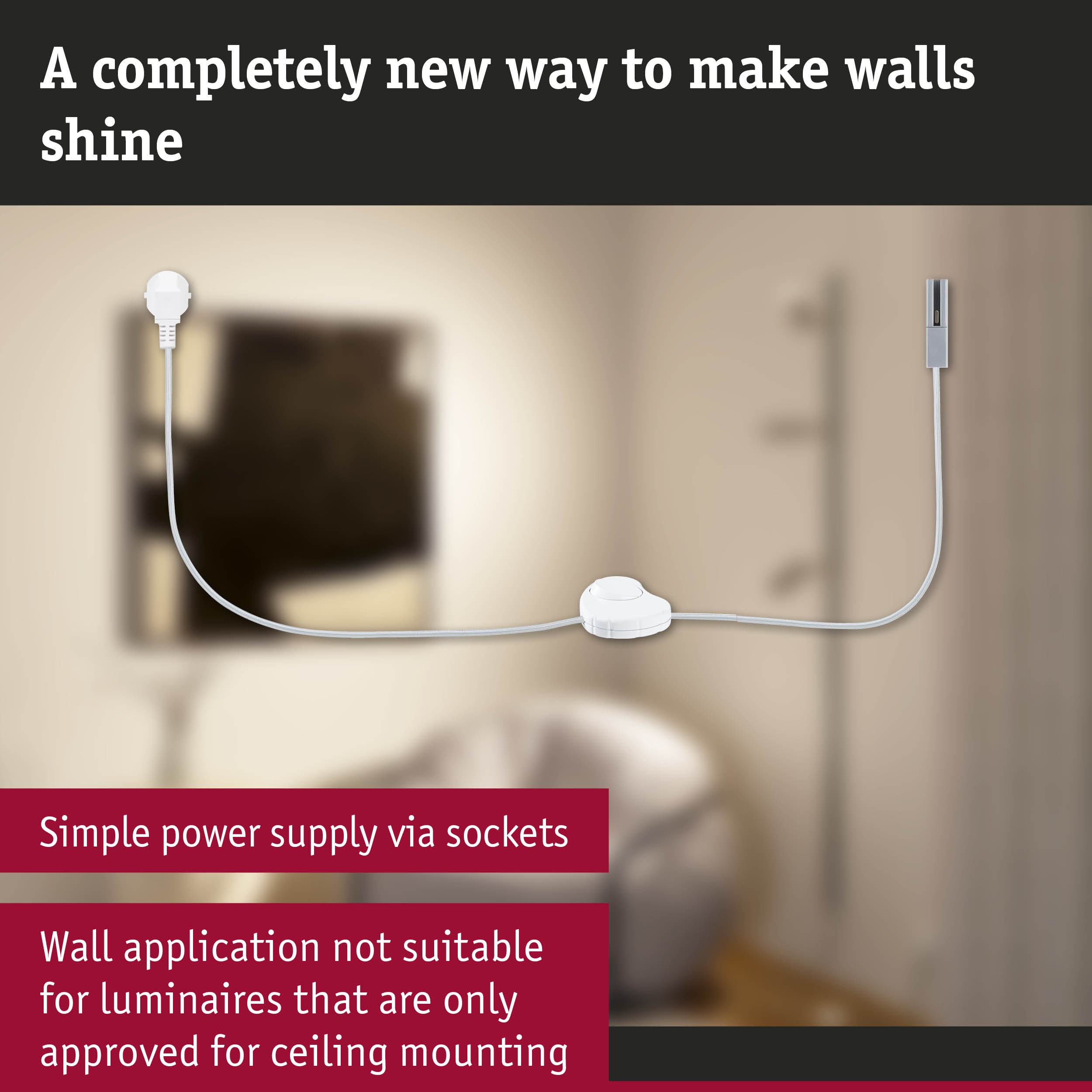 White power cable with switch and plug on beige wall for simple power supply