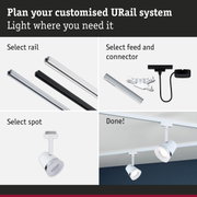 Modular URail track system with black and white aluminium rails for flexible LED lighting setup.