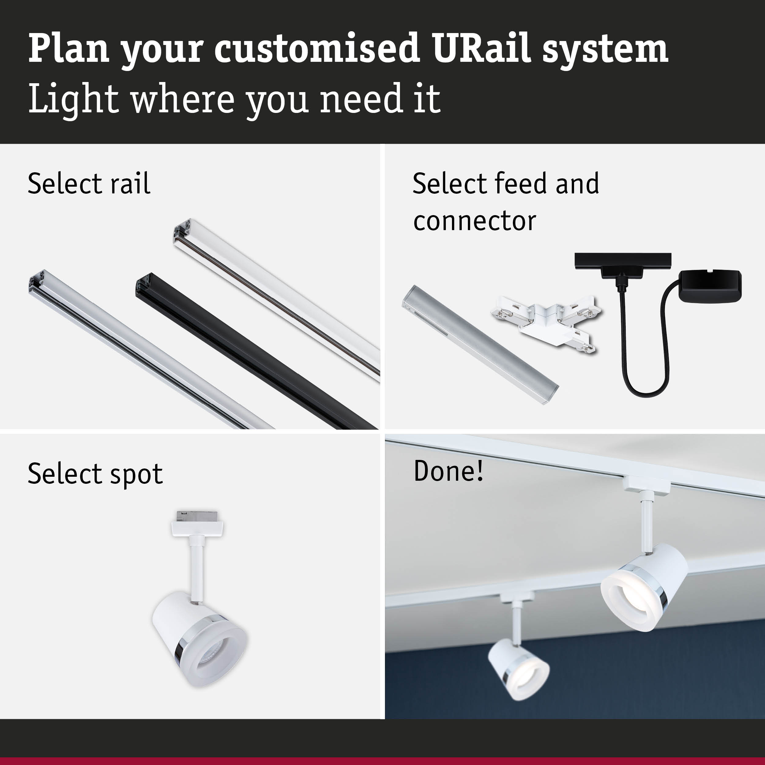 Modular URail track system with black and white aluminium rails for flexible LED lighting setup.