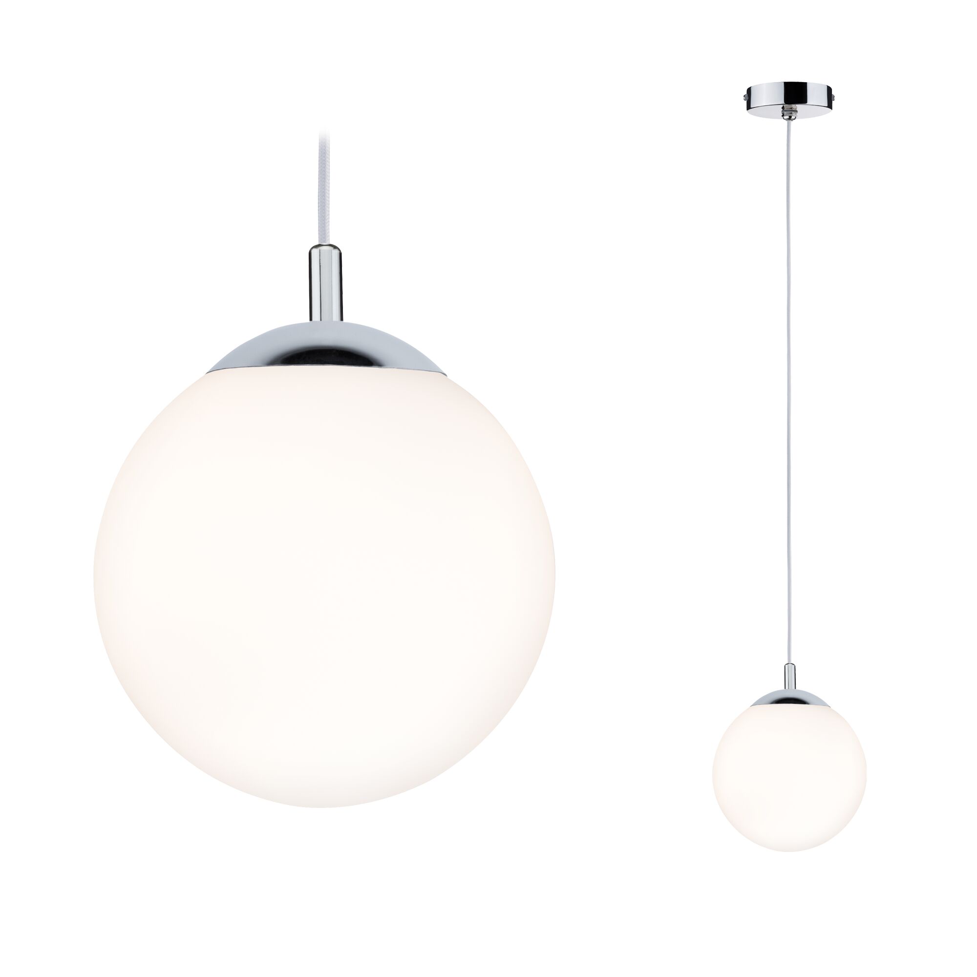 Luminaire en suspension Globe IP44 E27 max. 20W Satiné/Chrome gradable Suspension moderne en verre blanc et métal chromé pour un éclairage intérieur élégant