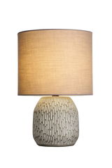 Lampe de table en céramique avec abat-jour en tissu beige et motif décoratif pour éclairage d'ambiance