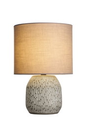 Keramik-Tischlampe mit beige Stoffschirm und modernem Muster, dekorative Wohnraumbeleuchtung