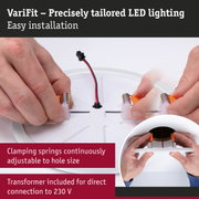 White LED ceiling light with adjustable clamping springs and built-in transformer for easy installation