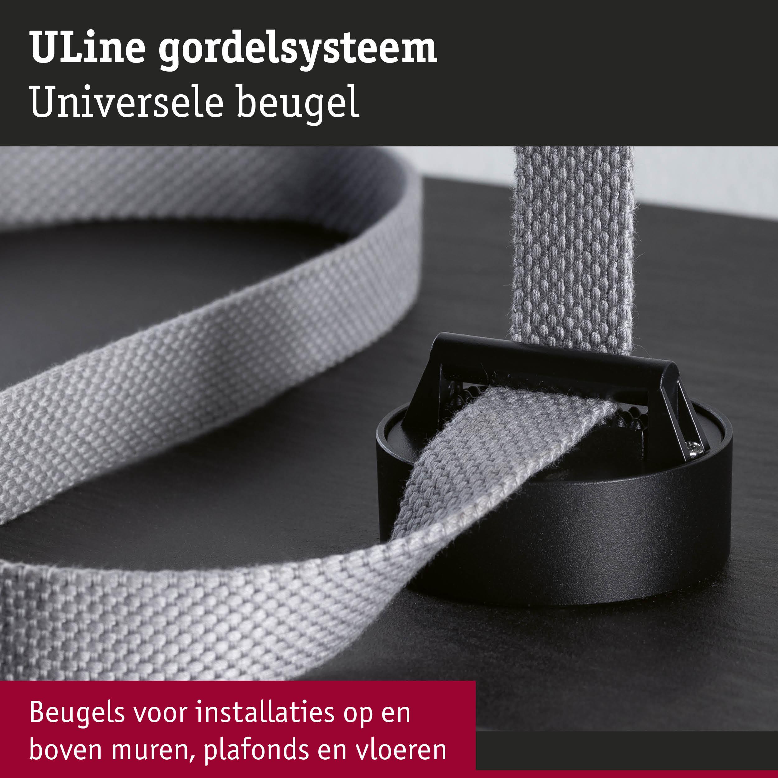 Universele zwarte beugel met grijze textielband voor installaties op muren, plafonds en vloeren