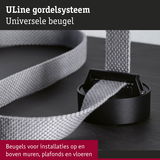 Universele zwarte beugel met grijze textielband voor installaties op muren, plafonds en vloeren