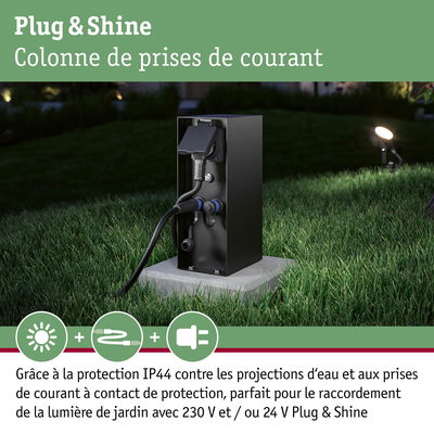 Colonne de prises de courant noire IP44 sur pelouse pour éclairage de jardin 230V et 24V Plug & Shine
