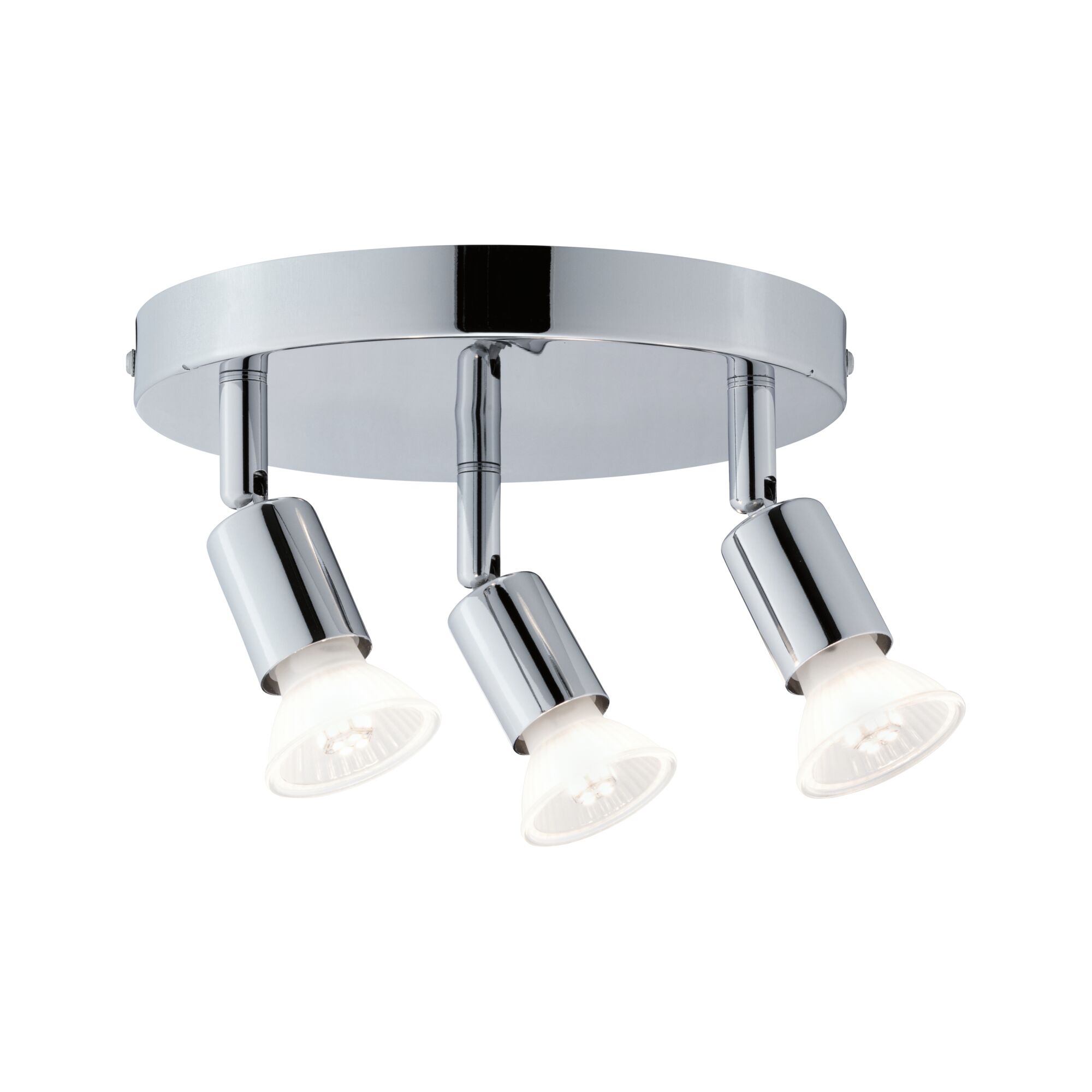Round ceiling spotlight in chrome metal with three adjustable lamps for versatile home lighting