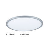 Plafonnier LED rond et plat avec cadre en aluminium argenté et diffuseur blanc, diamètre 420 mm.