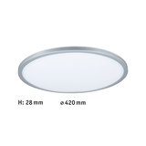Platte ronde LED-plafondlamp met zilverkleurige aluminiumrand en witte diffuser, 420 mm diameter.