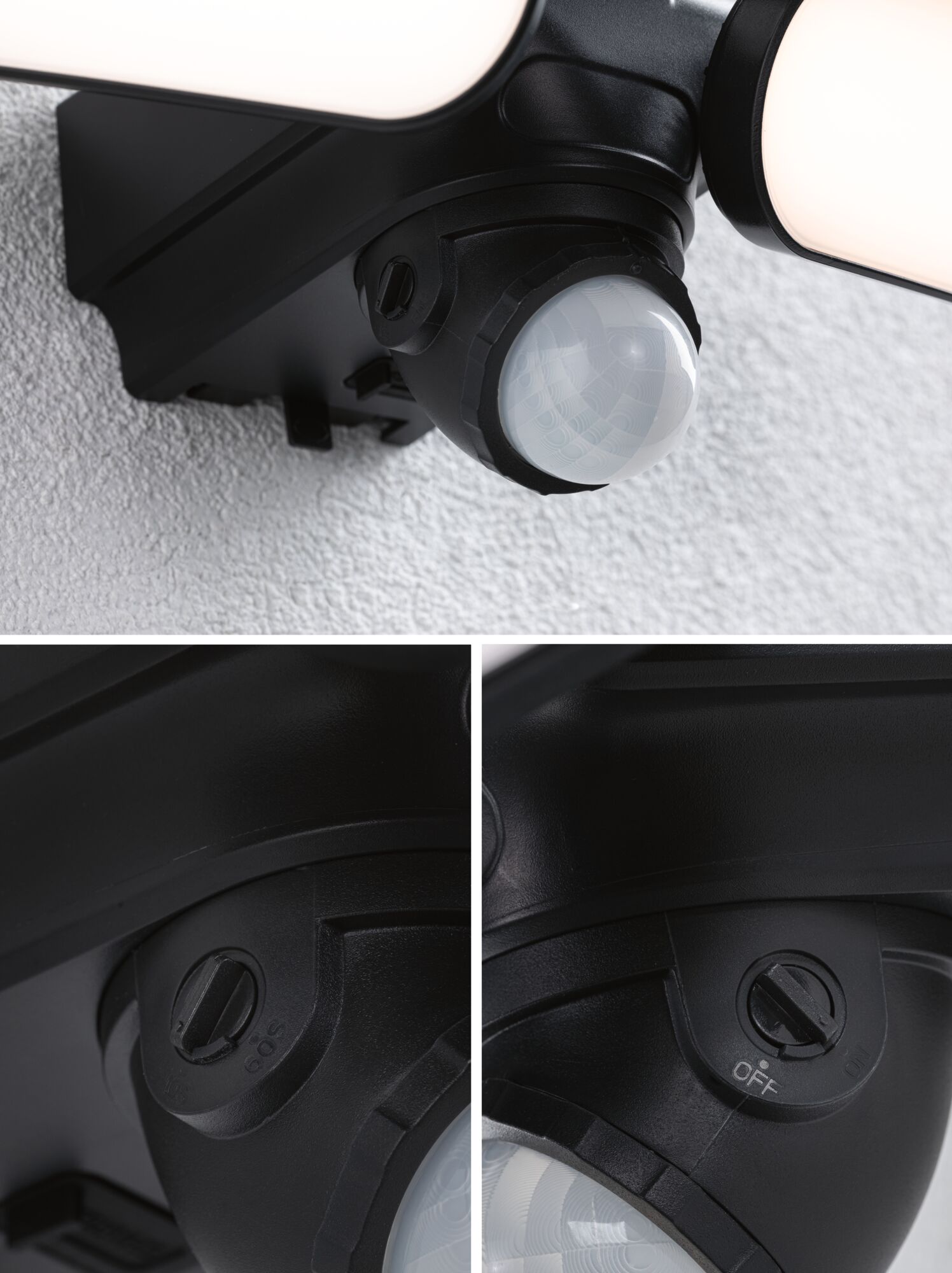 Black outdoor wall light with motion sensor and two white plastic light panels for garden lighting