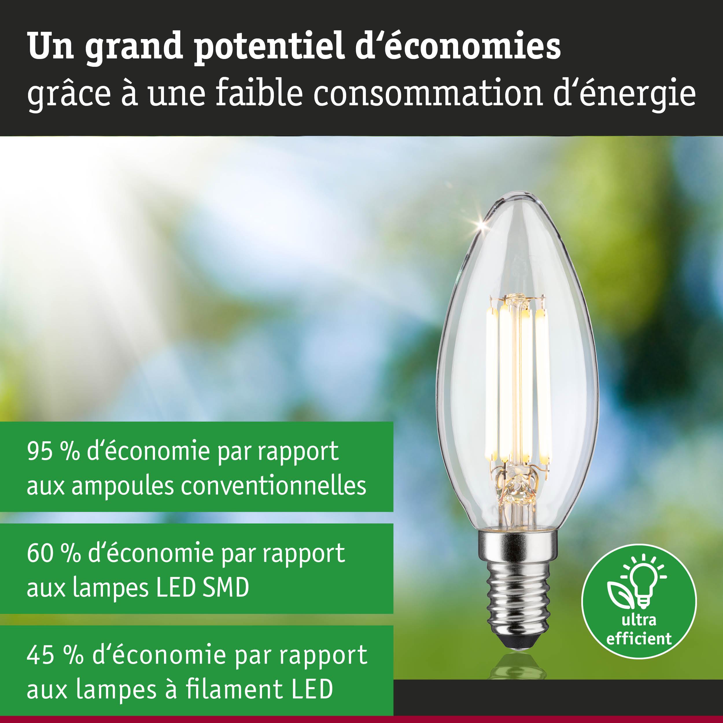 Ampoule LED filament claire avec culot E14, ultra efficace pour une faible consommation d'énergie