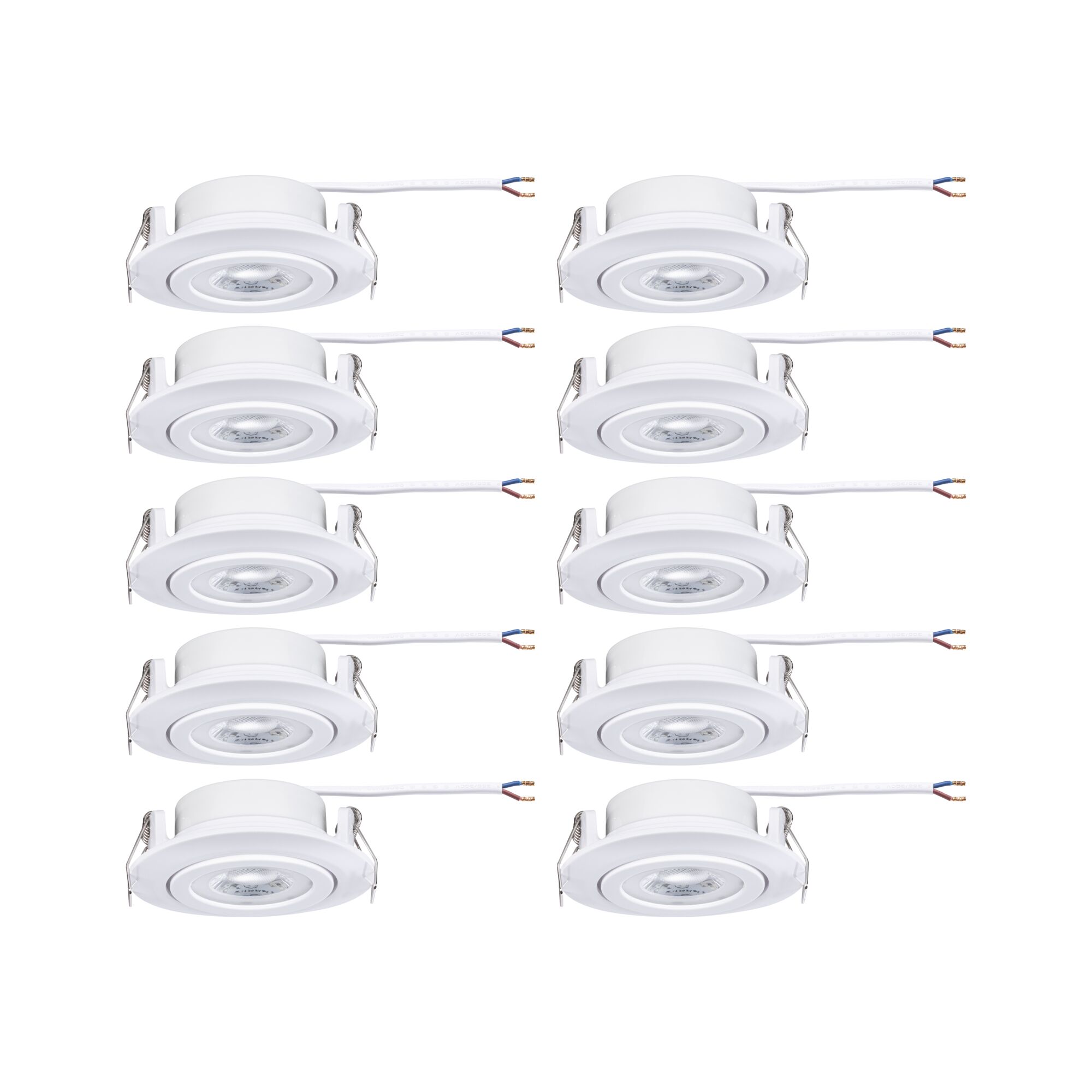 Ten white plastic LED recessed spotlights with wiring for modern indoor lighting solutions