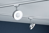 Moderne runde LED-Schienenleuchte aus silbernem Metall mit warmweißem Licht für Wohnräume