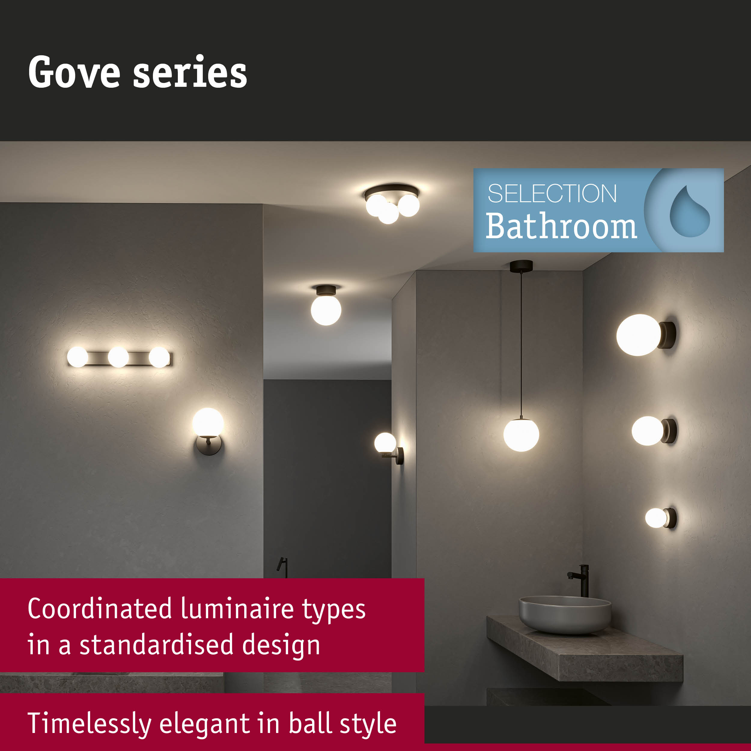 Coordinated bathroom lights in standardised design with matte black mounts and white globe shades