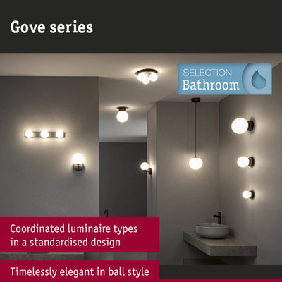 Coordinated bathroom lights in standardised design with matte black mounts and white globe shades