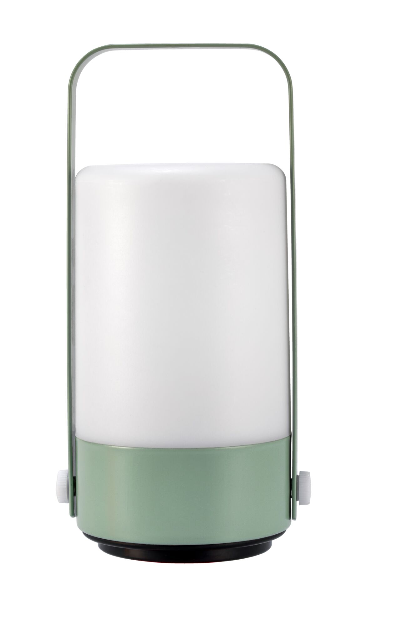 Moderne draagbare lamp met groene metalen voet en witte kunststof kap voor sfeerverlichting