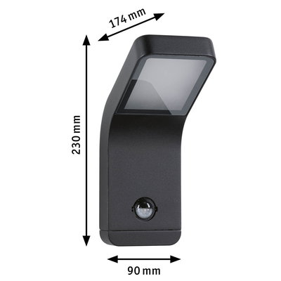 Black LED outdoor wall light with motion sensor, dimensions 230x90x174 mm, modern exterior lighting
