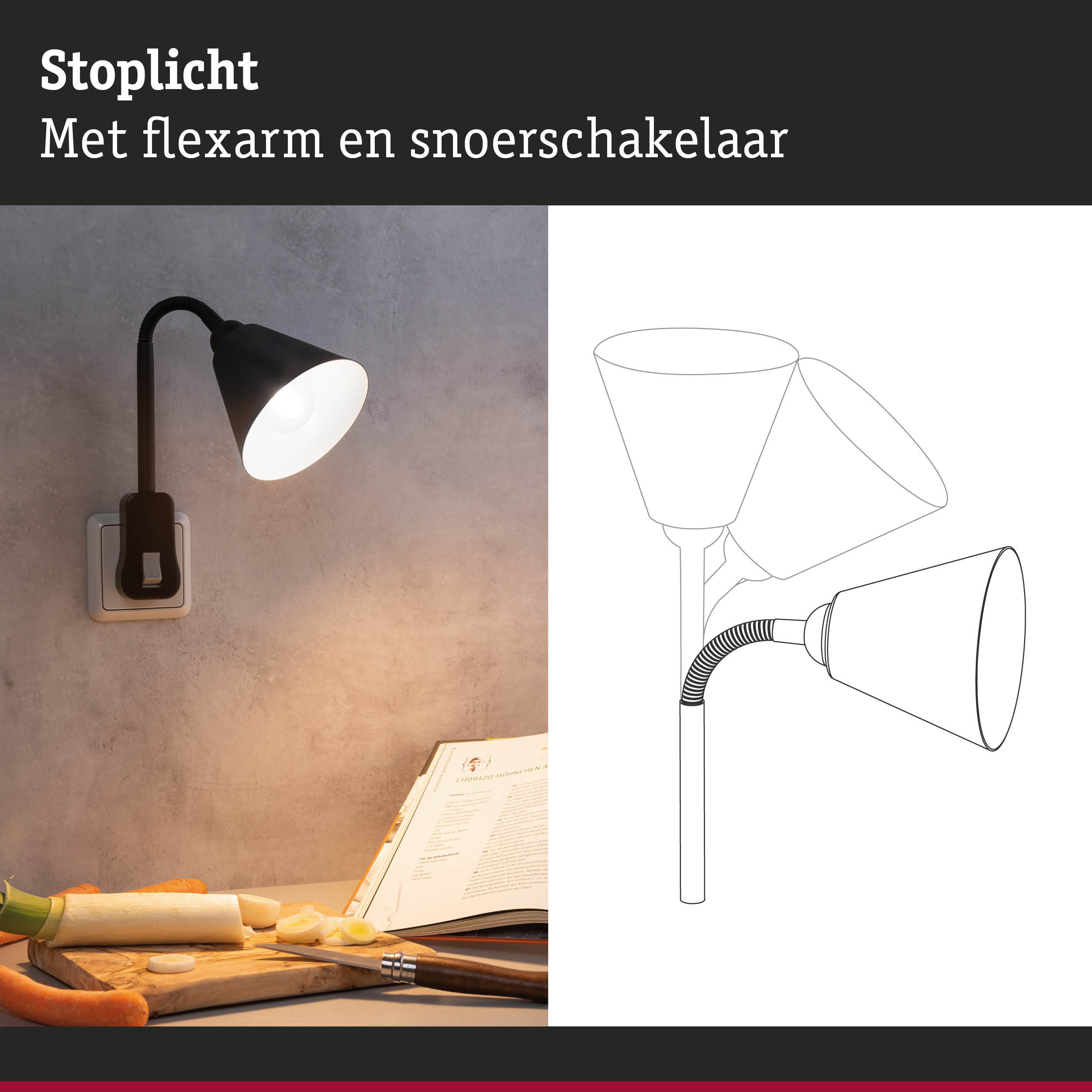 Zwarte stoplicht wandlamp met flexibele arm en snoerschakelaar, geschikt voor keukenverlichting