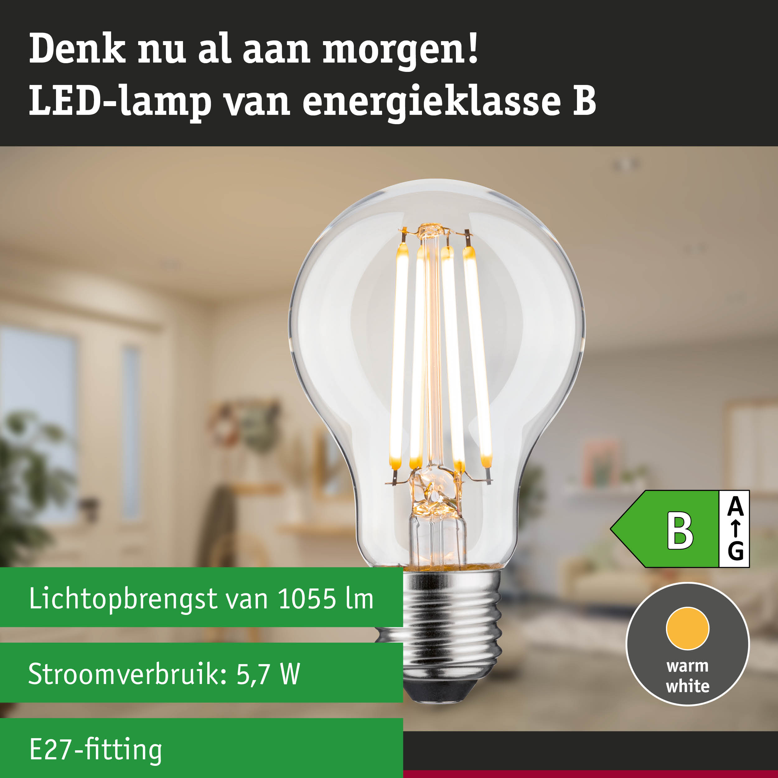 Transparante LED-lamp met warm wit licht en 3-staps dimfunctie voor energiezuinige verlichting