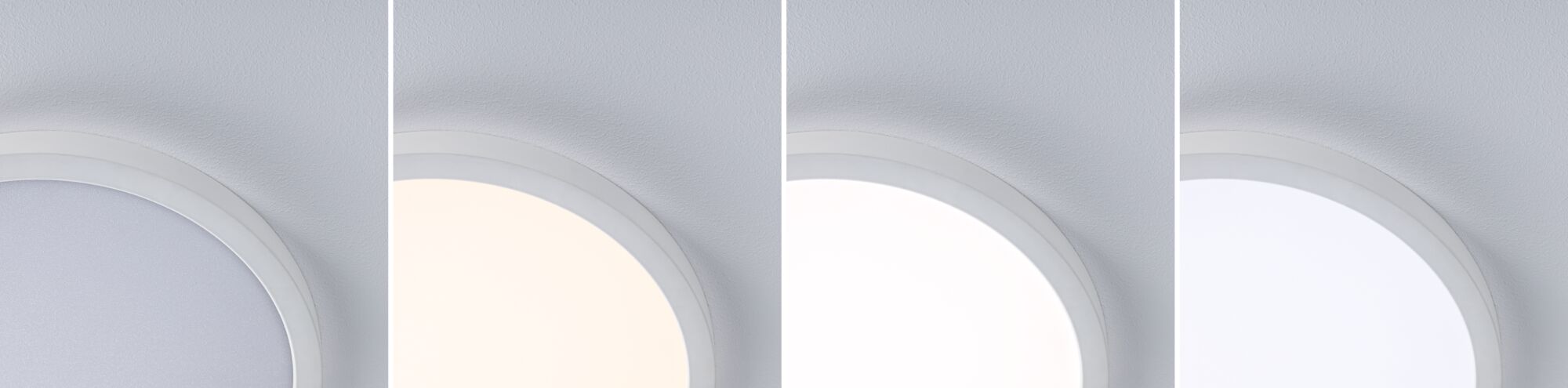 Vier weiße runde LED-Deckenleuchten mit verschiedenen Lichtfarben für Wohnraumbeleuchtung