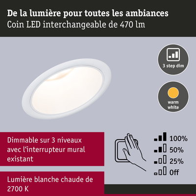 Spot LED encastré blanc 470 lm, lumière blanc chaud et gradation en 3 niveaux
