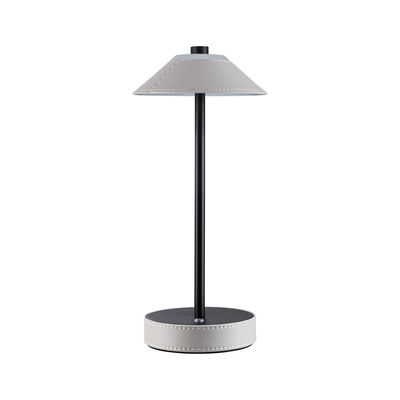 Lampe de table moderne avec tige en métal noir et abat-jour et base en cuir gris, éclairage LED élégant