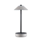 Moderne Tischleuchte mit schwarzem Metallstab und grauem Leder-Schirm und Sockel, stilvolle LED-Beleuchtung