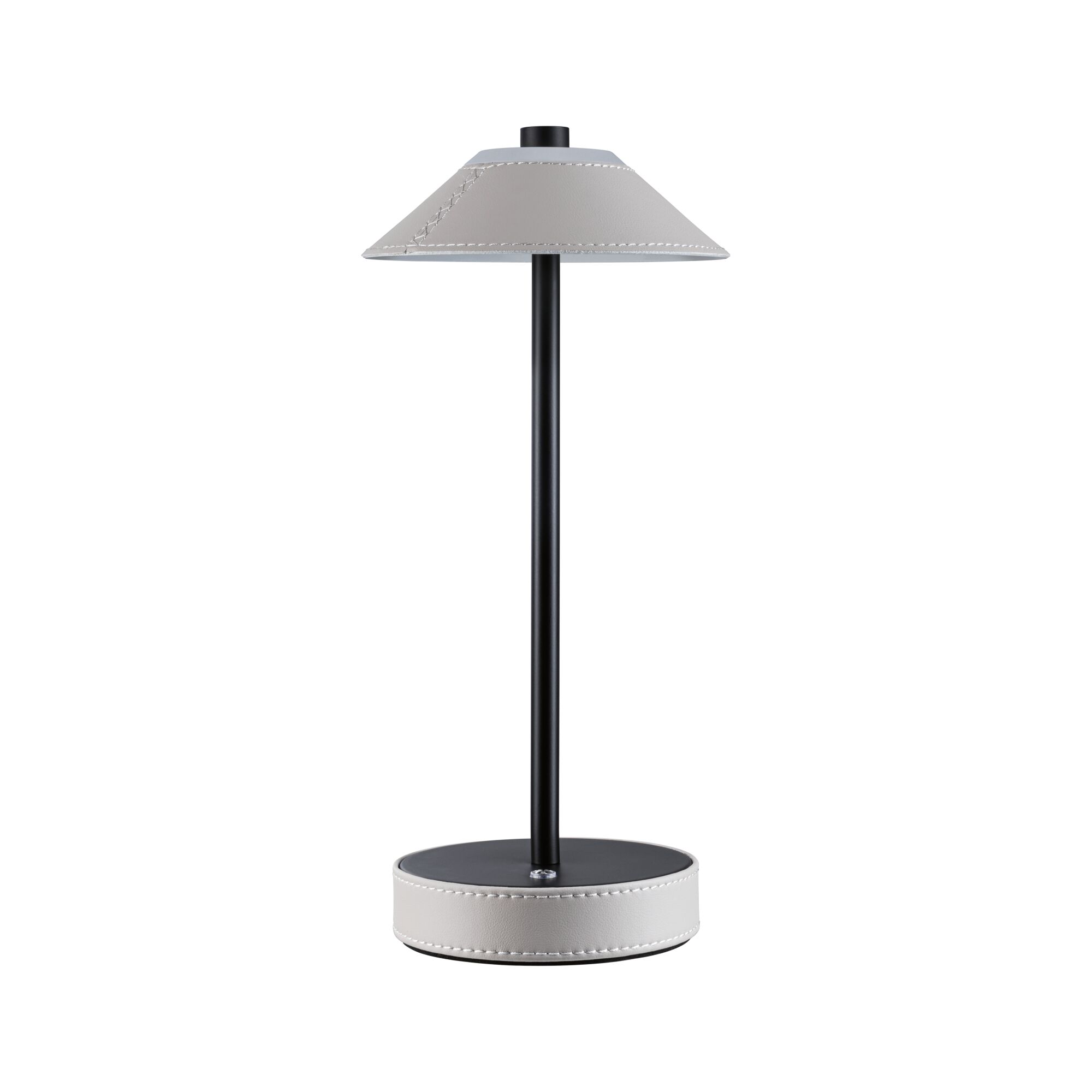 Moderne Tischleuchte mit schwarzem Metallstab und grauem Leder-Schirm und Sockel, stilvolle LED-Beleuchtung