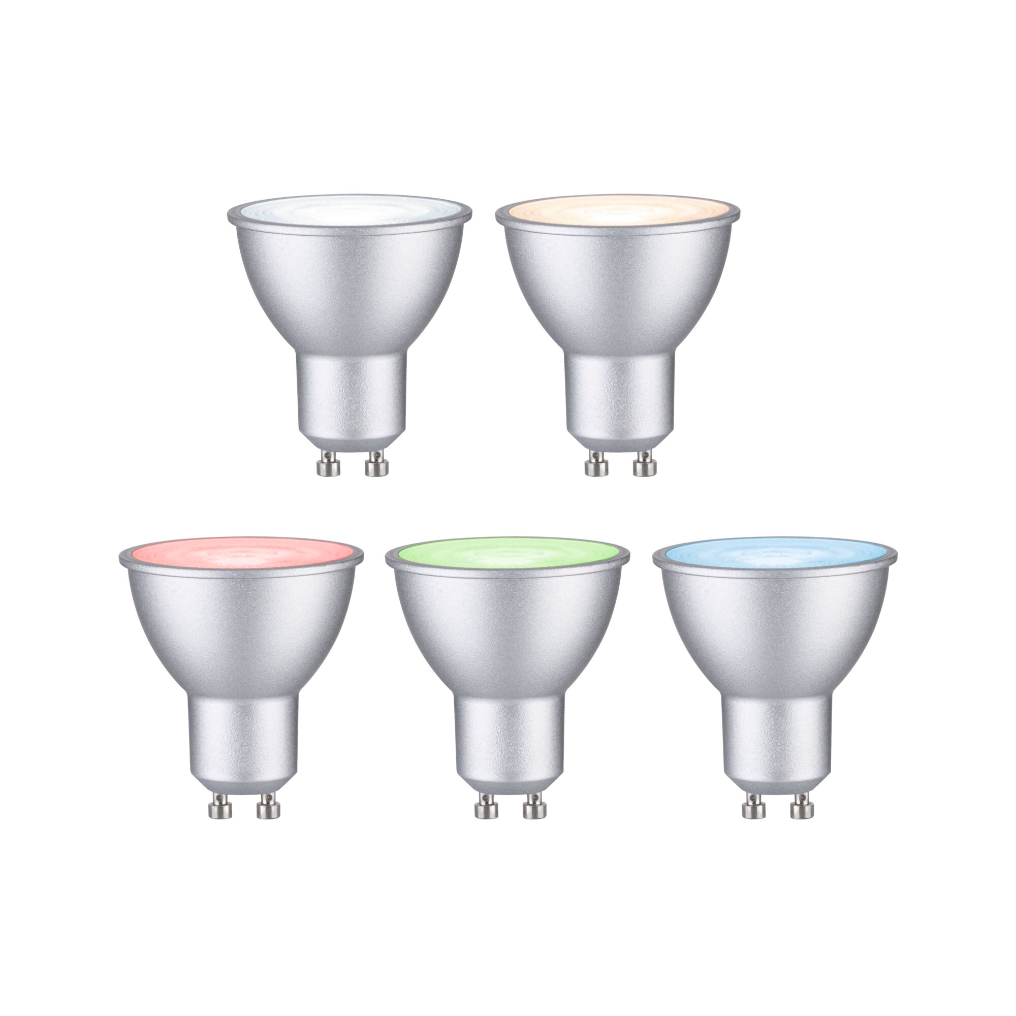 Five GU10 LED bulbs with silver casing and colored light tops in white, warm white, red, green, and blue.