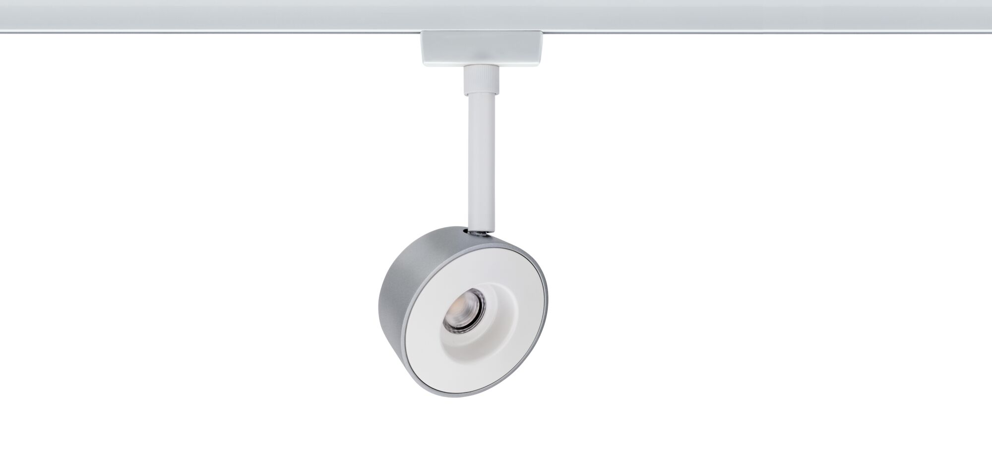 Modern white and grey metal LED spotlight for track systems, energy-efficient indoor lighting