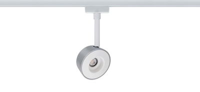 Modern white and grey metal LED spotlight for track systems, energy-efficient indoor lighting