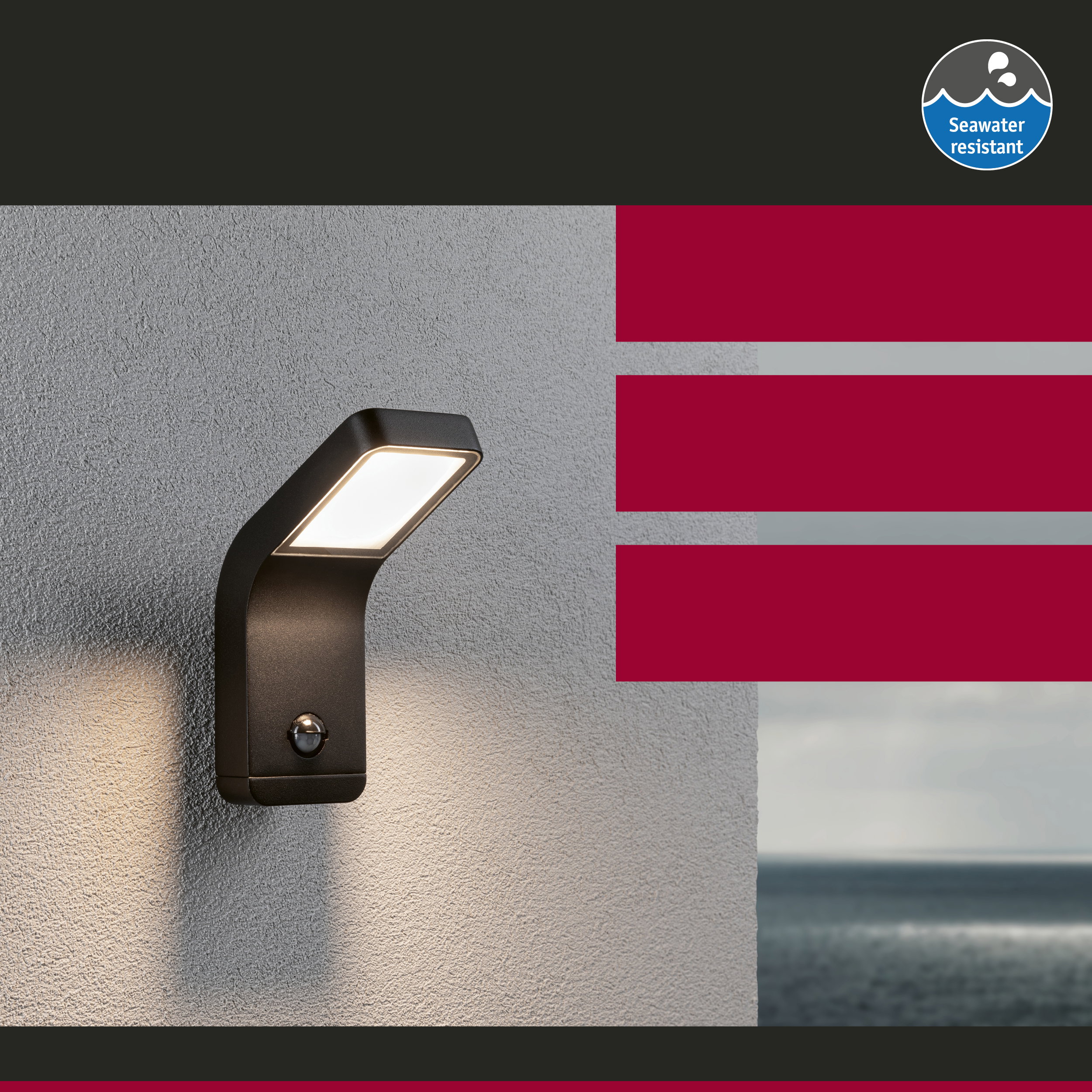 Applique murale extérieure noire en métal avec LED intégrée et détecteur de mouvement, résistante à l'eau de mer