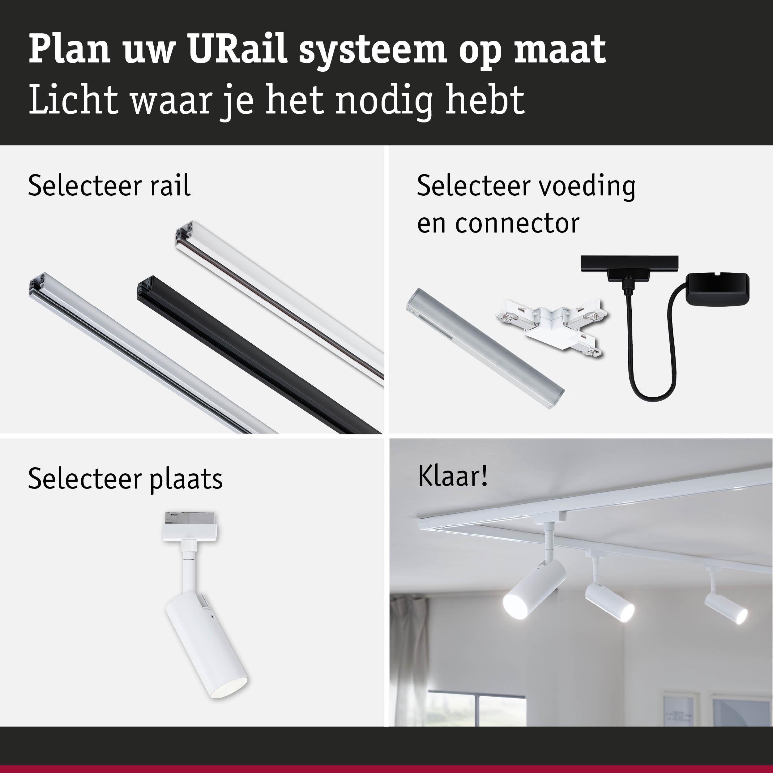 Modulair URail railsysteem met keuze uit rails, voeding en witte LED-spotlights voor maatwerkverlichting