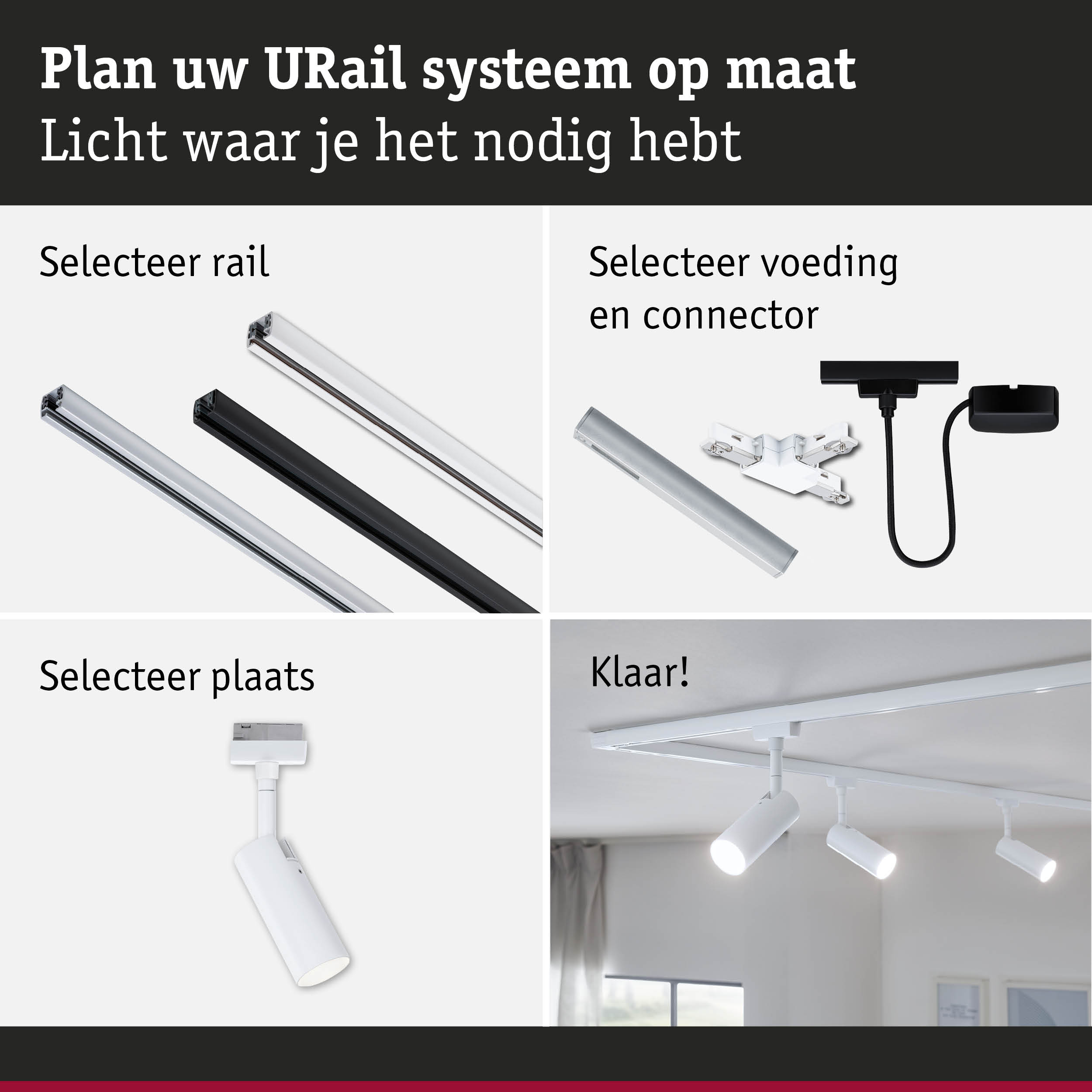 Modulair URail railsysteem met witte en zwarte rails en LED-spotlights voor flexibele verlichting