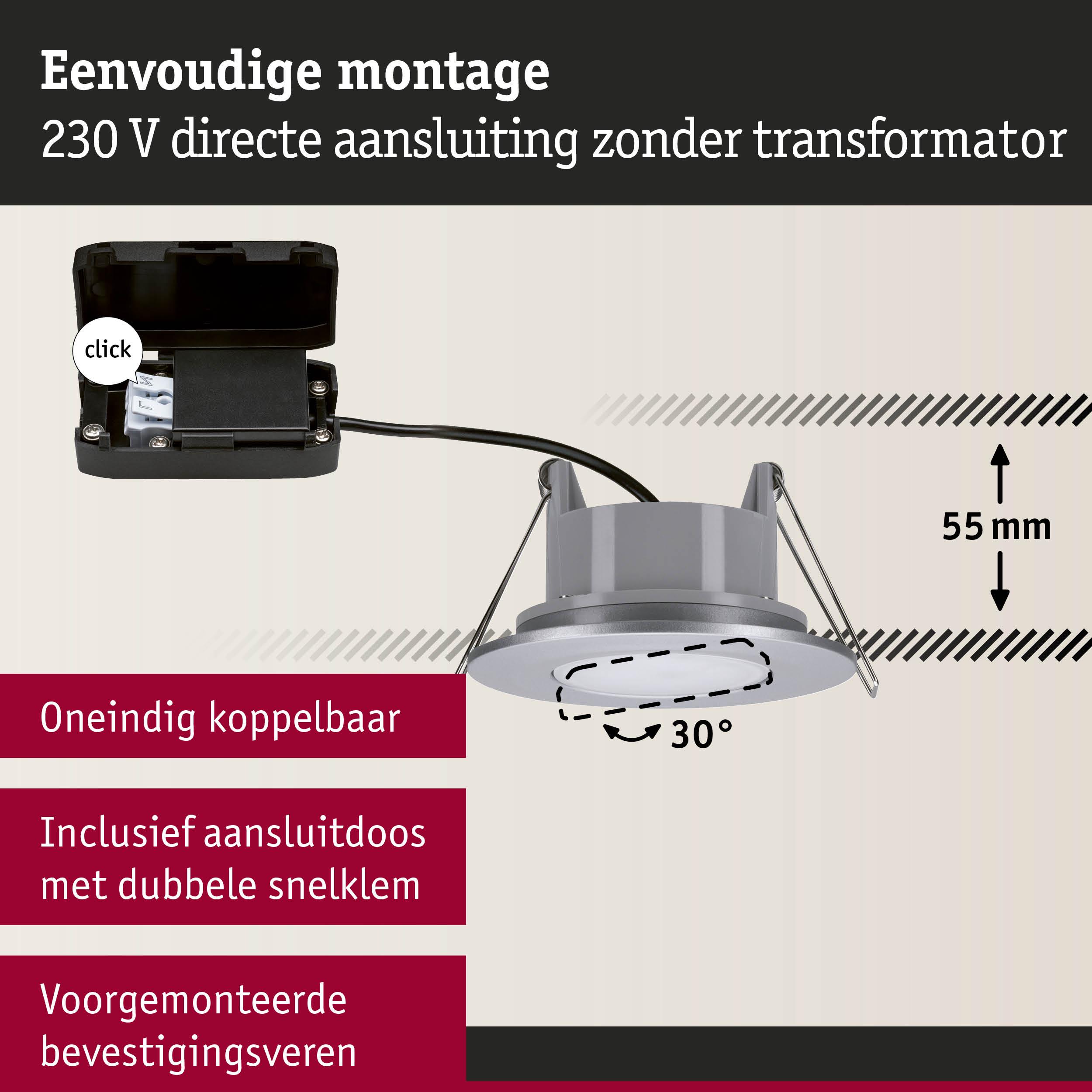 Eenvoudig te monteren LED inbouwspot met 230V directe aansluiting en 30° kantelbare zilveren behuizing