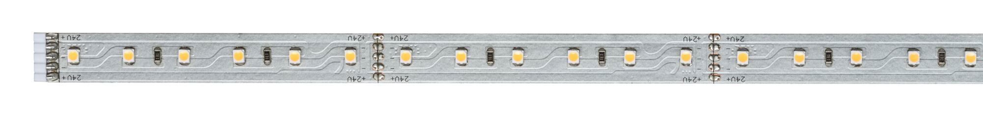 Lange flexibele LED-strip met witte LEDs op zilveren printplaat voor verlichting.