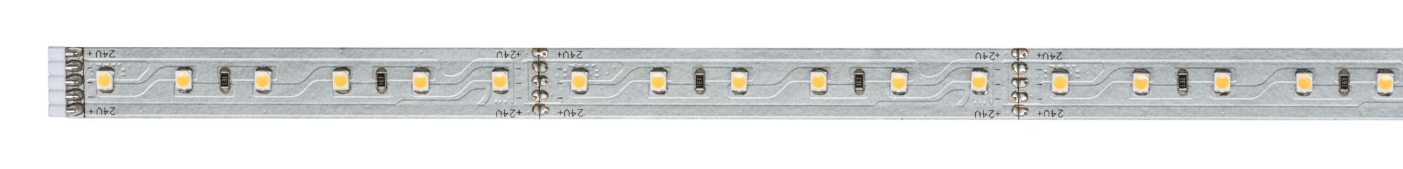 Langer flexibler LED-Streifen mit weißen LEDs auf silberner Leiterplatte für Beleuchtung.