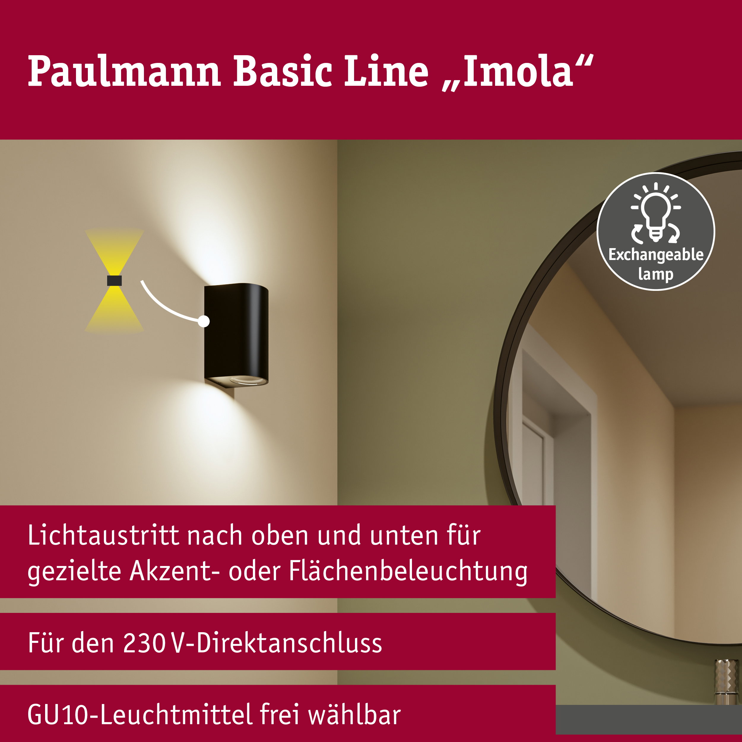 Wandleuchte Perugia IP44 GU10 230V max. 2x10W Schwarz matt