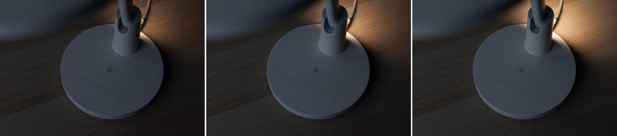 Triptych showing grey lamp base with touch slider on wooden table for LED desk lamp lighting