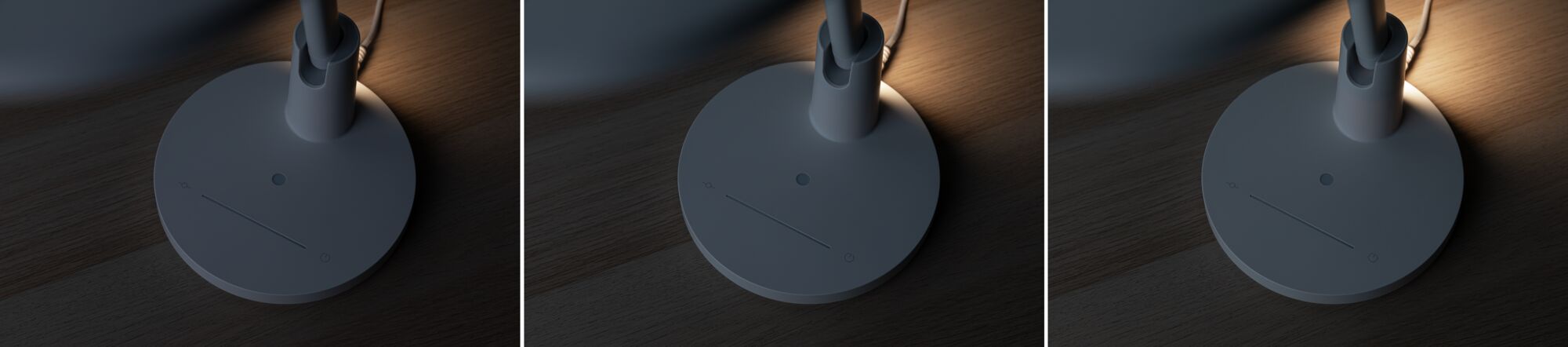 Drieluik van grijze lampvoet met touch-slider op houten tafel voor LED-bureaulampverlichting