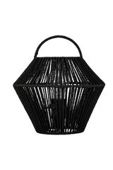Black woven lantern with handle and visible bulb, decorative LED lighting for indoor and outdoor use