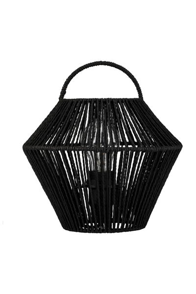 Black woven lantern with handle and visible bulb, decorative LED lighting for indoor and outdoor use