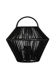Schwarze Laterne aus geflochtenem Material mit Griff und sichtbarer Glühbirne, dekorative LED-Beleuchtung