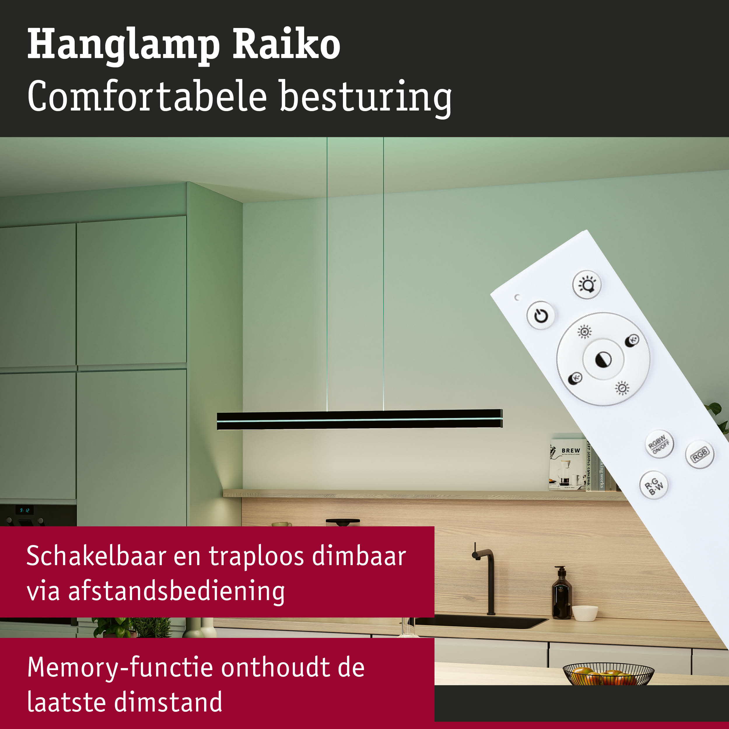 Zwarte LED-hanglamp Raiko met afstandsbediening in moderne keuken met groene kasten