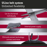 ULine belt system with grey textile strap and click-connect technology for flexible shortening and power supply