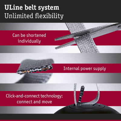 ULine belt system with grey textile strap and click-connect technology for flexible shortening and power supply