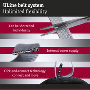 ULine belt system with grey textile strap and click-connect technology for flexible shortening and power supply