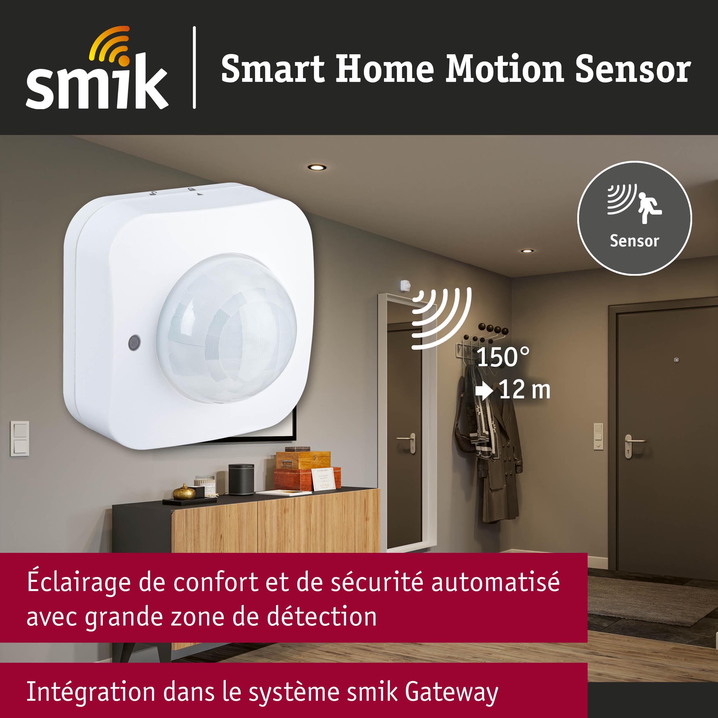 Détecteur de mouvement blanc pour maison connectée avec angle de détection de 150° et portée de 12 m